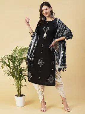 Ethnic Embroidered Straight Kurta with Ethnic Printed Dupatta - Black