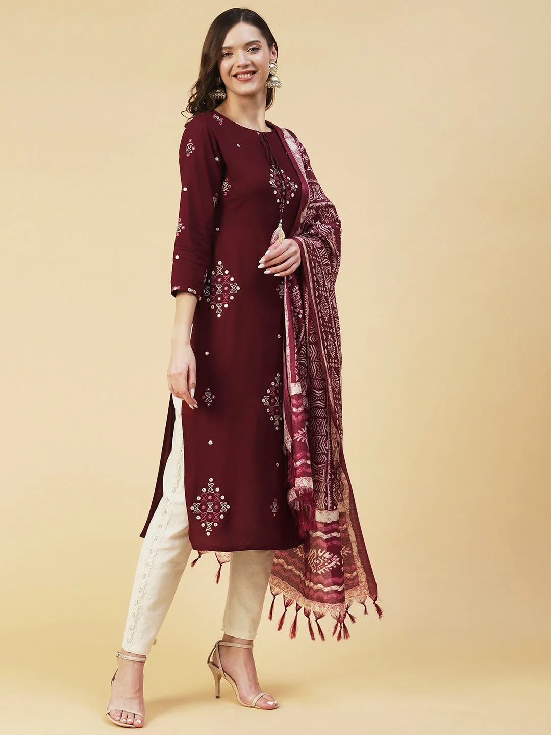 Ethnic Embroidered Straight Kurta with Ethnic Printed Dupatta - Brown