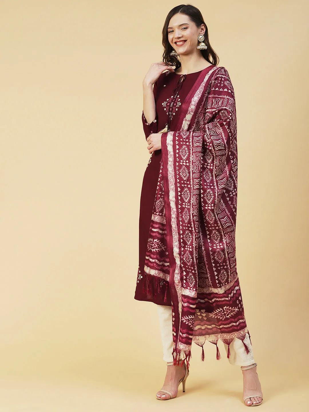 Ethnic Embroidered Straight Kurta with Ethnic Printed Dupatta - Brown