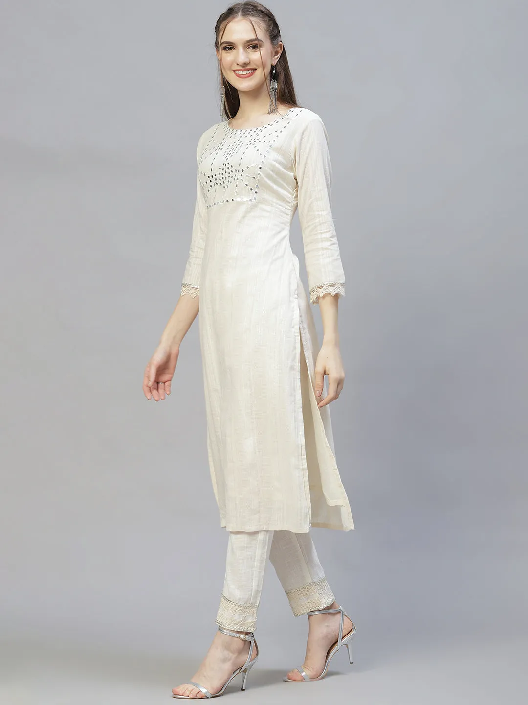 Ethnic Embroidered Straight Kurta with Pants & Dupatta - Off White