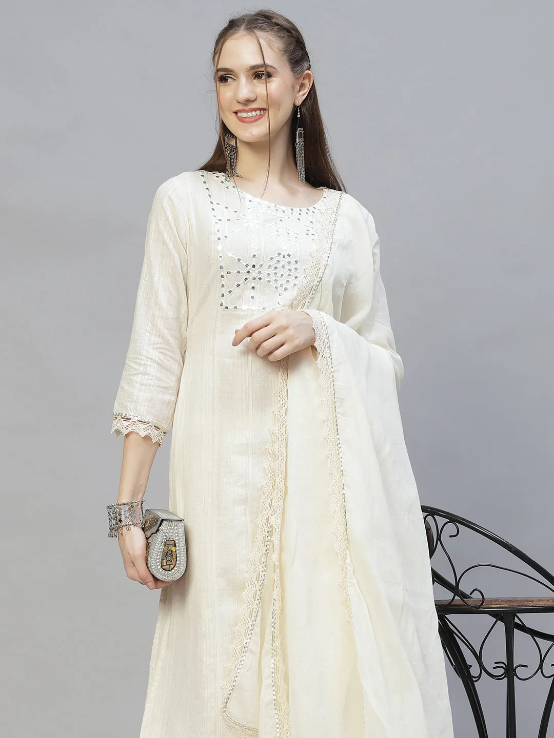 Ethnic Embroidered Straight Kurta with Pants & Dupatta - Off White