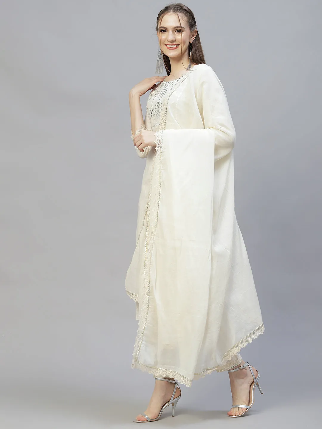 Ethnic Embroidered Straight Kurta with Pants & Dupatta - Off White