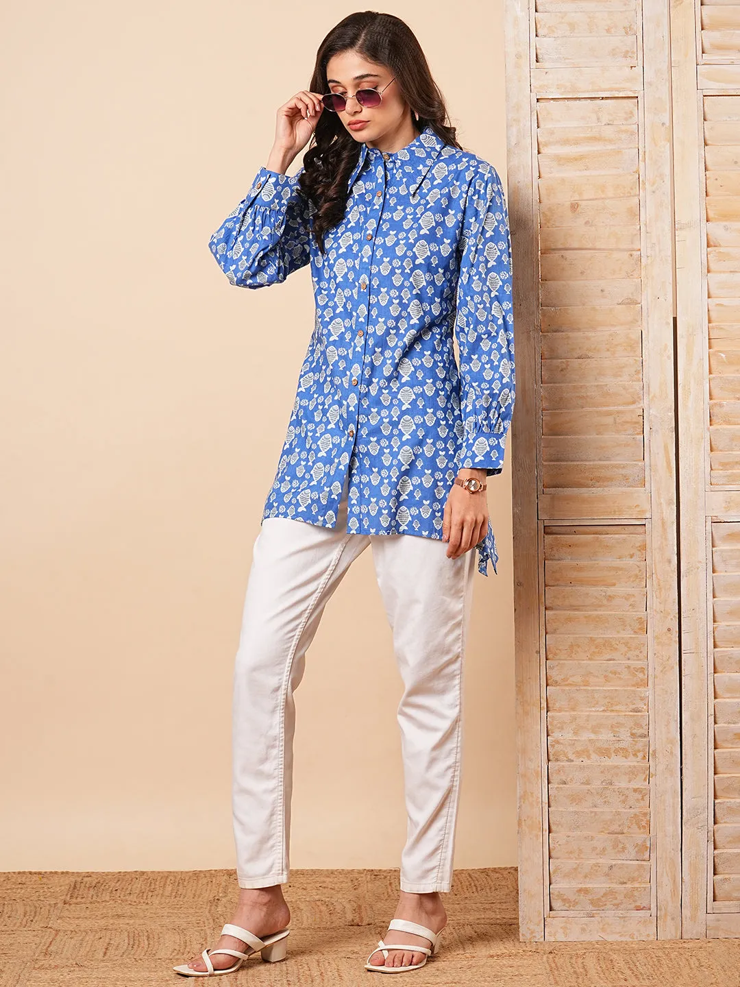 Ethnic Fish Motif Printed A-Line Cotton Shirt - Blue