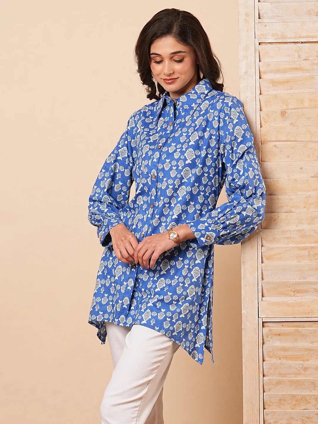 Ethnic Fish Motif Printed A-Line Cotton Shirt - Blue