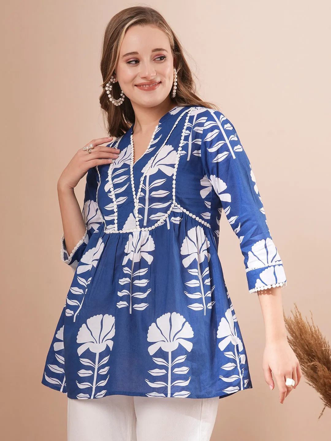 Ethnic Floral Block Printed A-Line Short Cotton Kurti - Blue