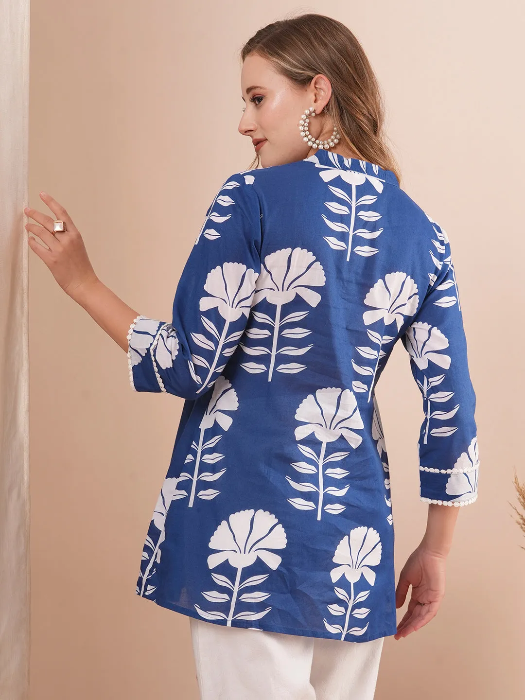 Ethnic Floral Block Printed A-Line Short Cotton Kurti - Blue