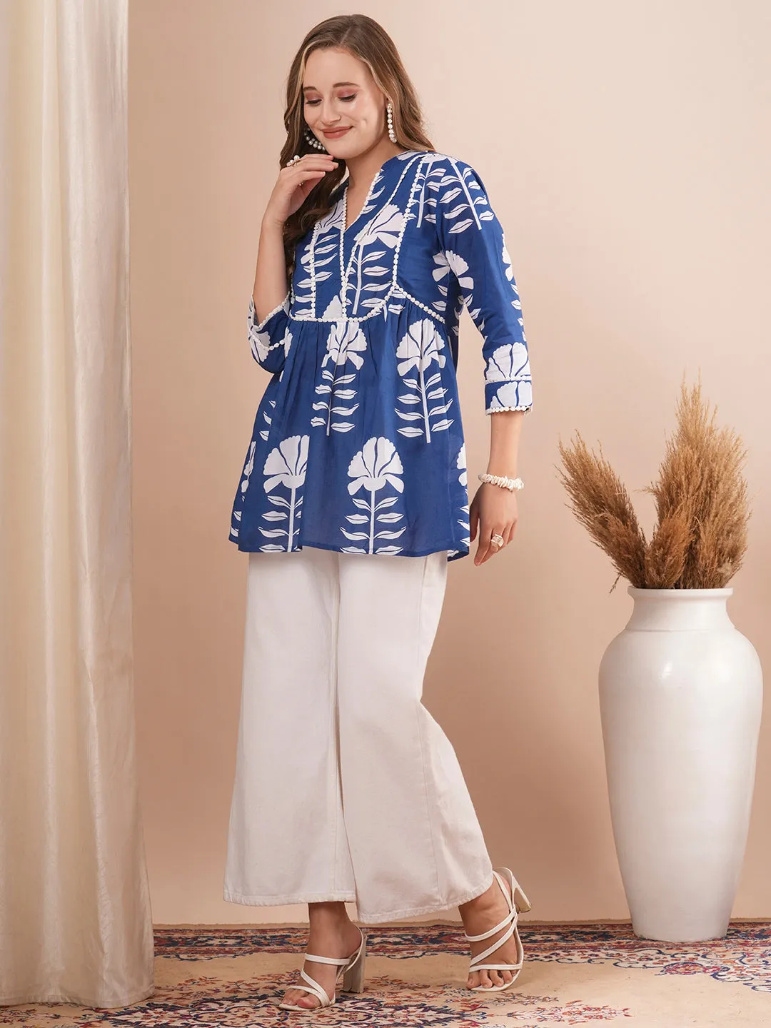 Ethnic Floral Block Printed A-Line Short Cotton Kurti - Blue