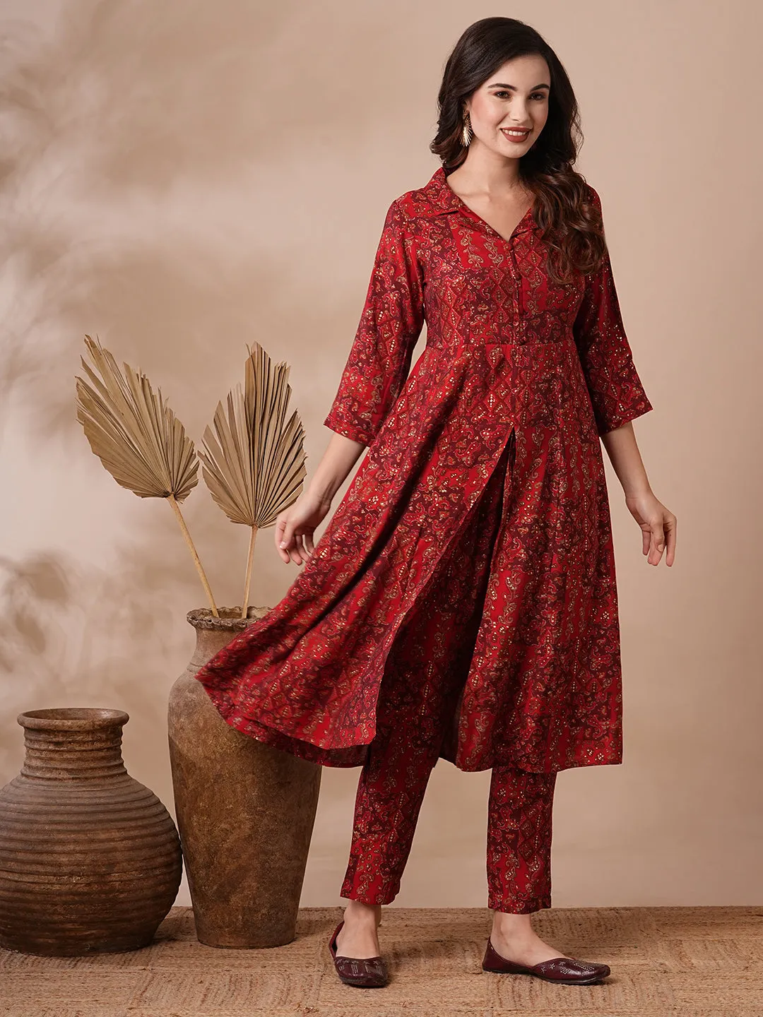 Ethnic Floral Foil Printed A-Line Paneled Kurta with Pant - Red