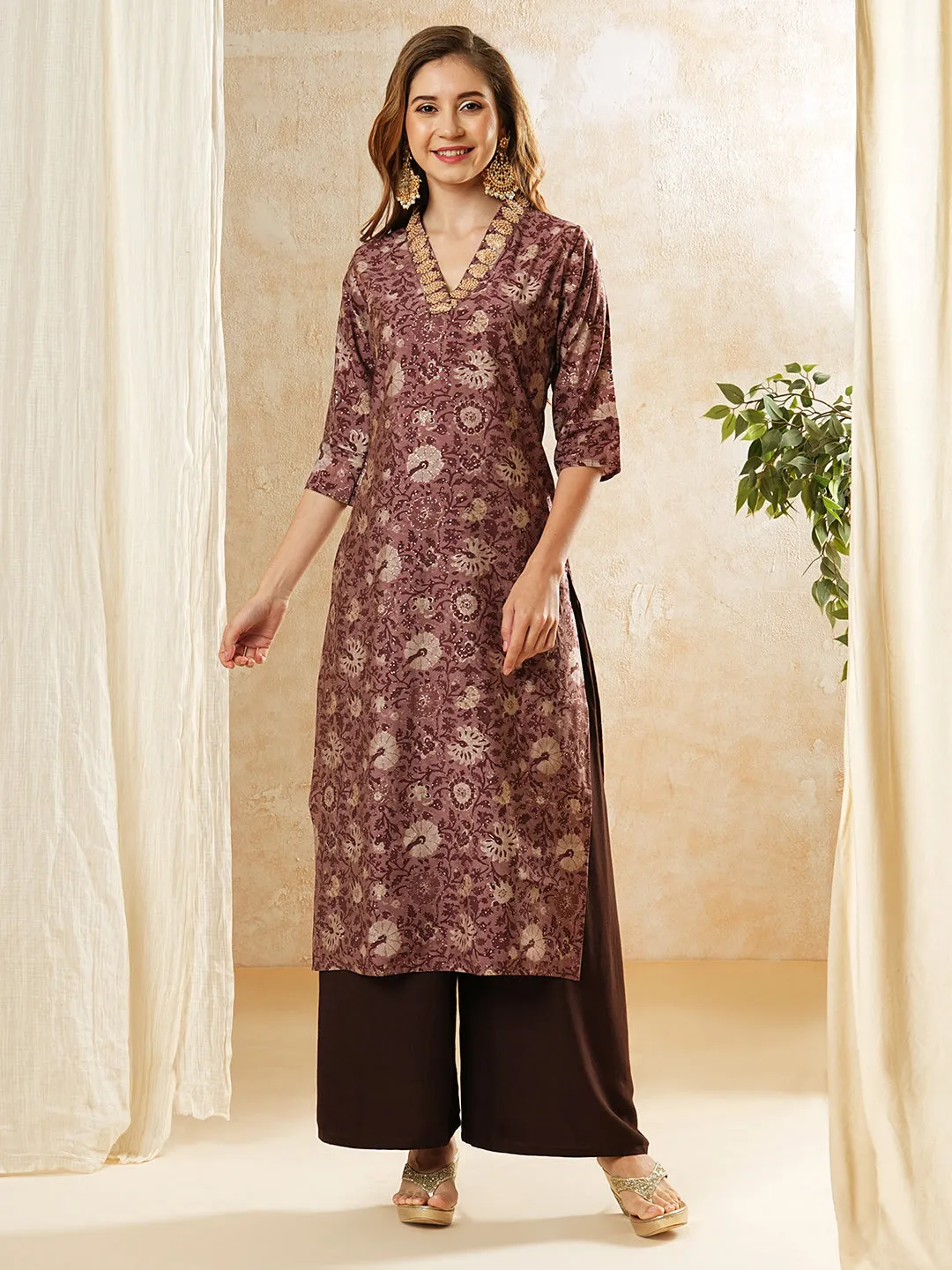 Ethnic Floral Foil Printed & Embroidered Straight Fit Kurta - Mauve