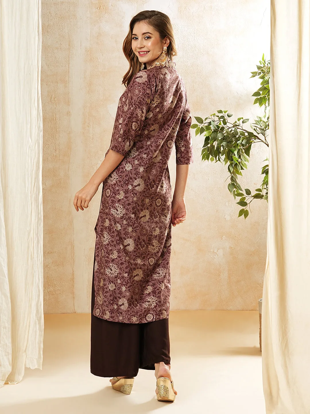 Ethnic Floral Foil Printed & Embroidered Straight Fit Kurta - Mauve