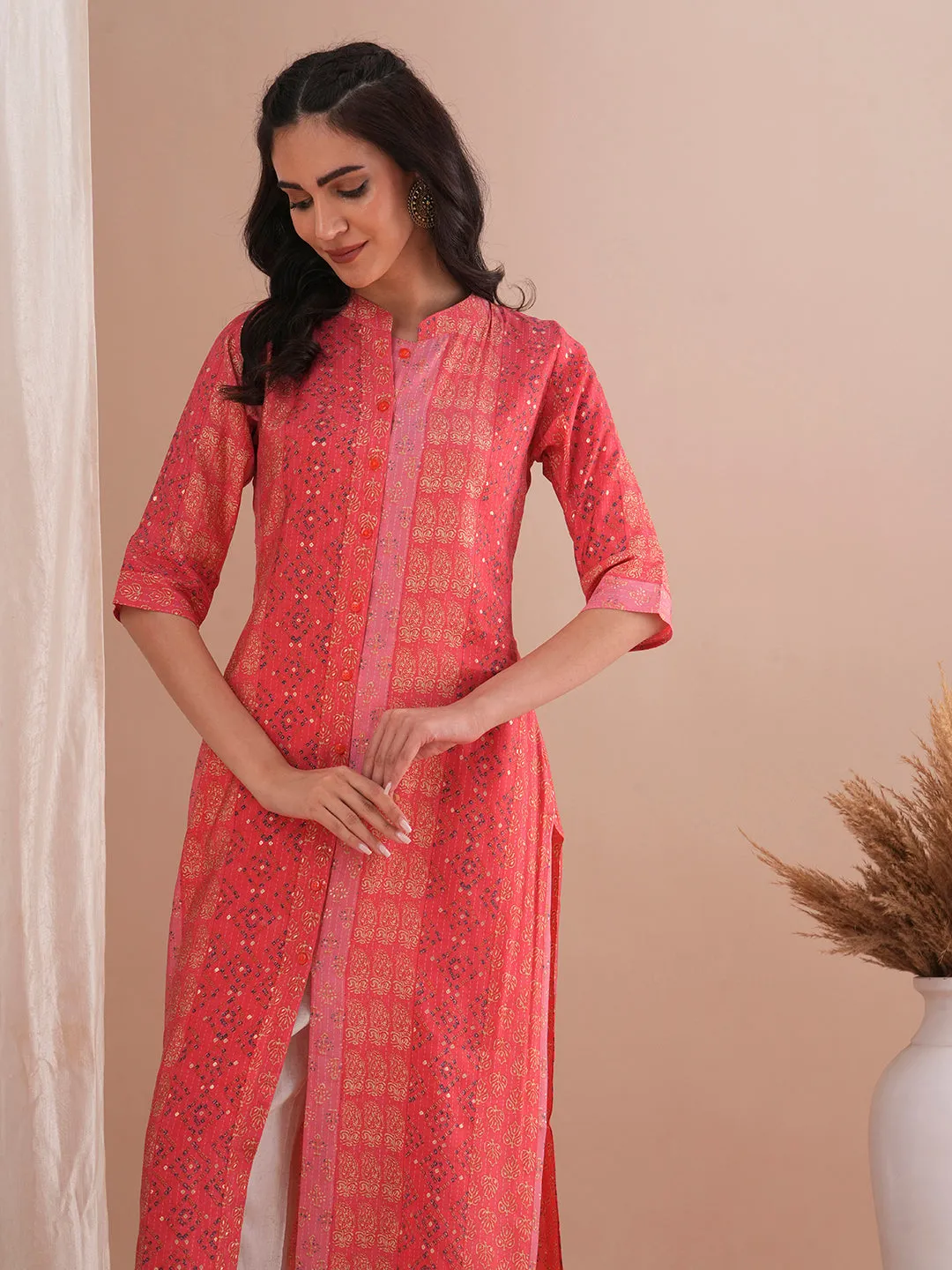 Ethnic Floral Foil Printed Straight Fit Kurta - Pink