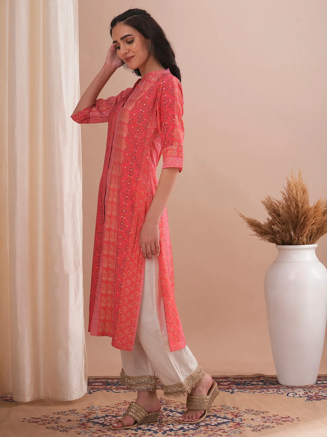 Ethnic Floral Foil Printed Straight Fit Kurta - Pink