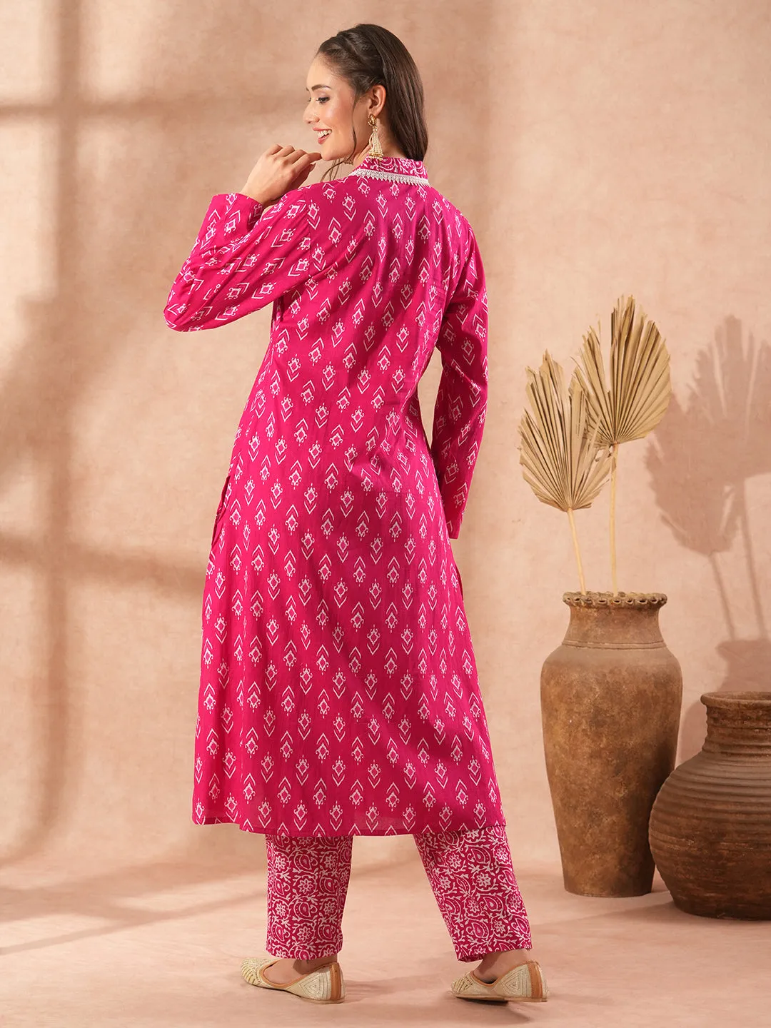 Ethnic Floral Printed A-Line Kurta with Printed Pant - Pink