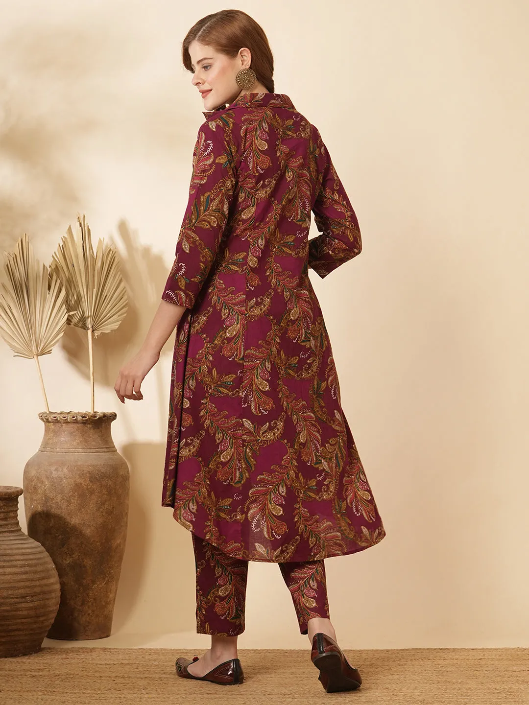 Ethnic Floral Printed A-Line Paneled Co-ord Set - Burgundy