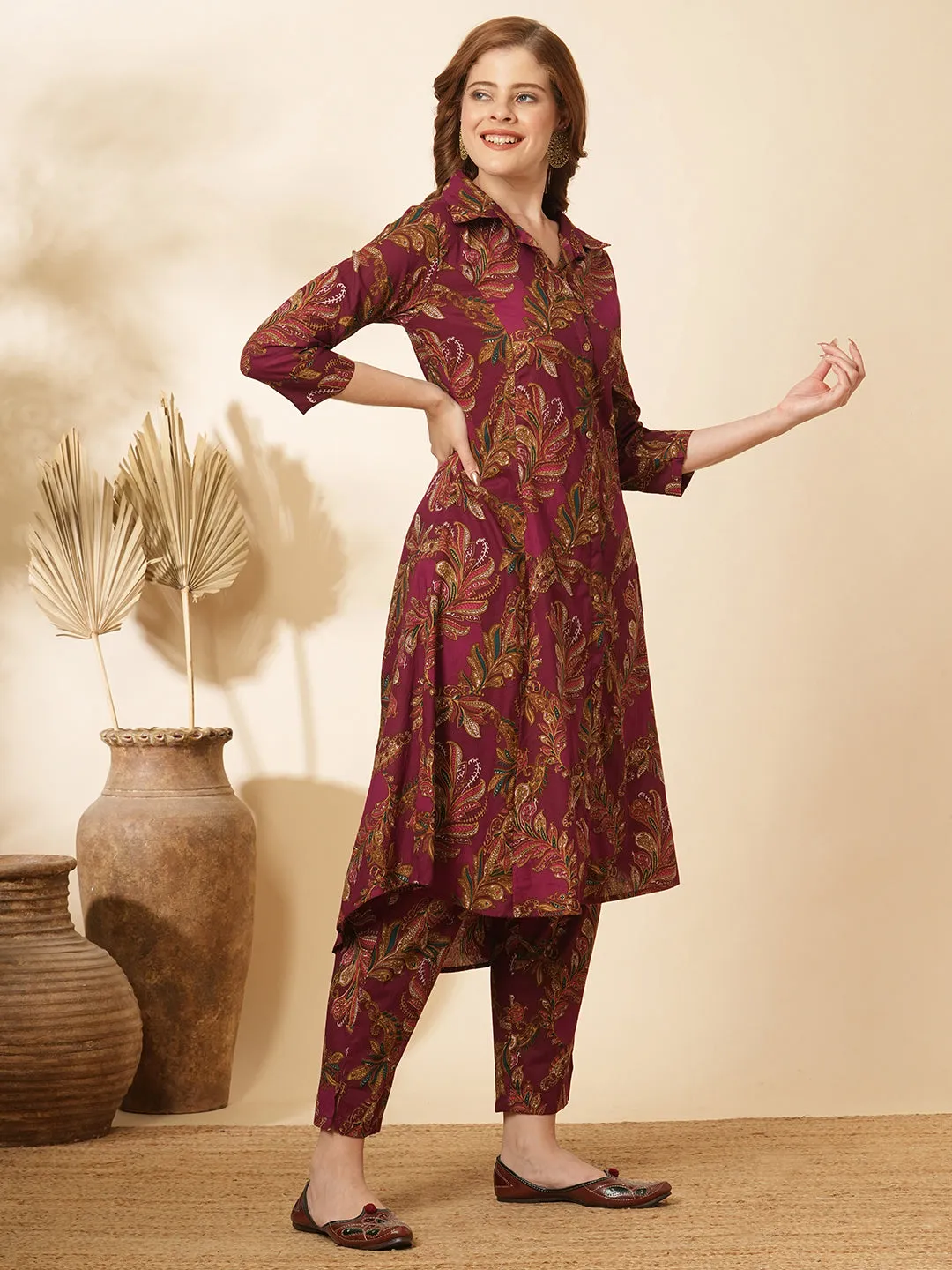 Ethnic Floral Printed A-Line Paneled Co-ord Set - Burgundy