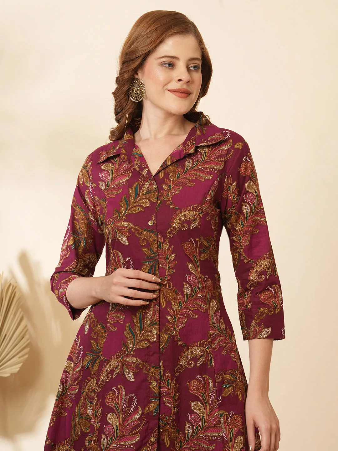 Ethnic Floral Printed A-Line Paneled Co-ord Set - Burgundy