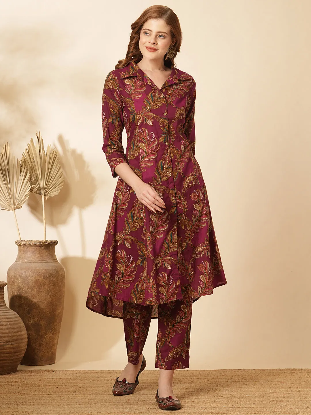 Ethnic Floral Printed A-Line Paneled Co-ord Set - Burgundy