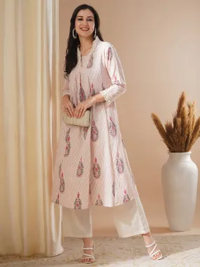 Ethnic Floral Printed A-Line Paneled Kurta with Palazzo - Off White