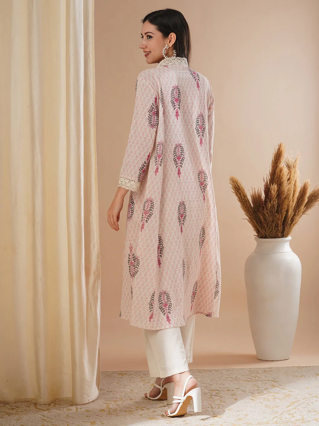 Ethnic Floral Printed A-Line Paneled Kurta with Palazzo - Off White