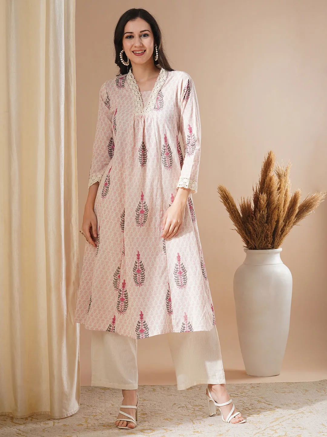 Ethnic Floral Printed A-Line Paneled Kurta with Palazzo - Off White