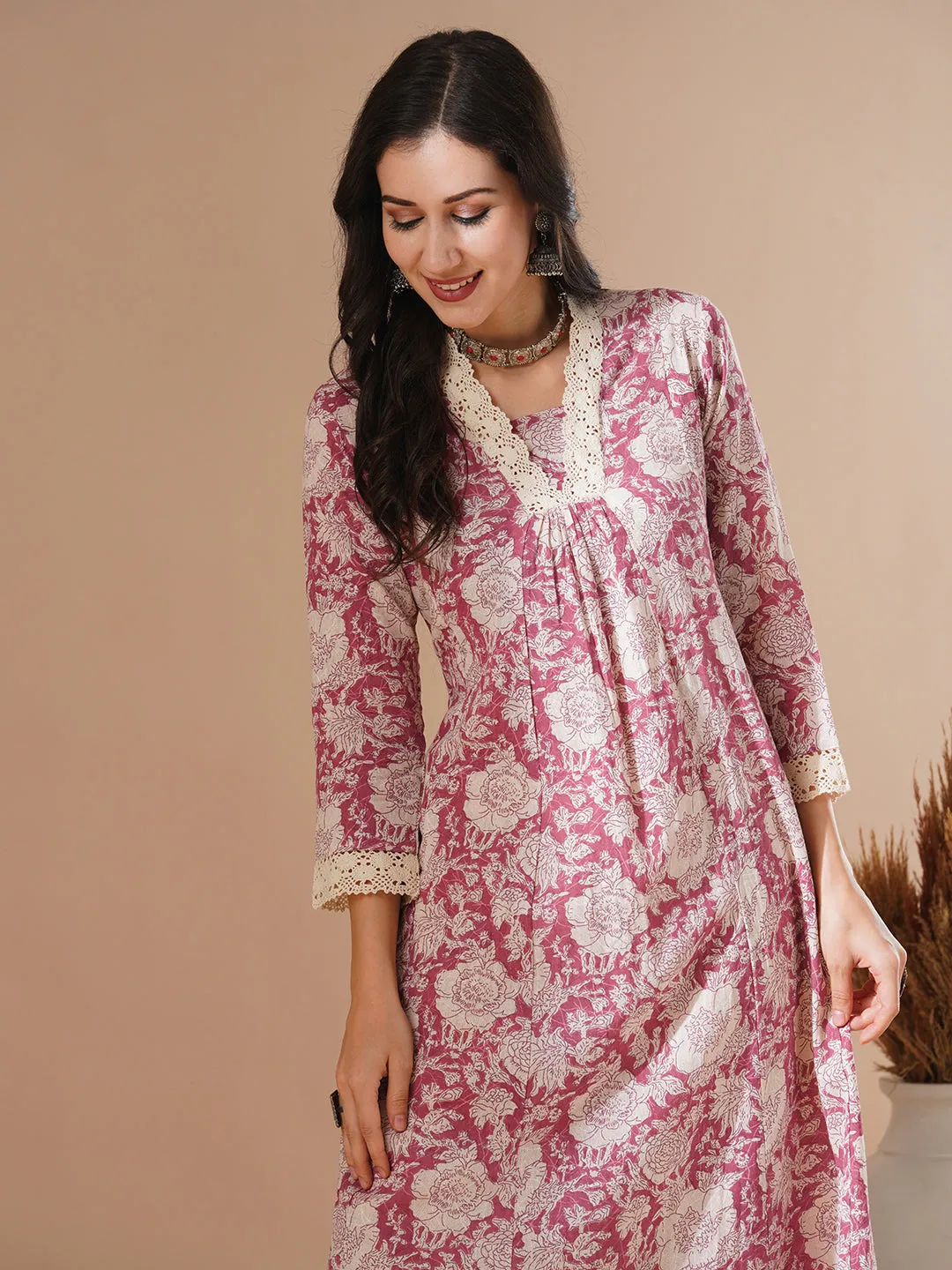 Ethnic Floral Printed A-Line Paneled Kurta with Palazzo - Pink