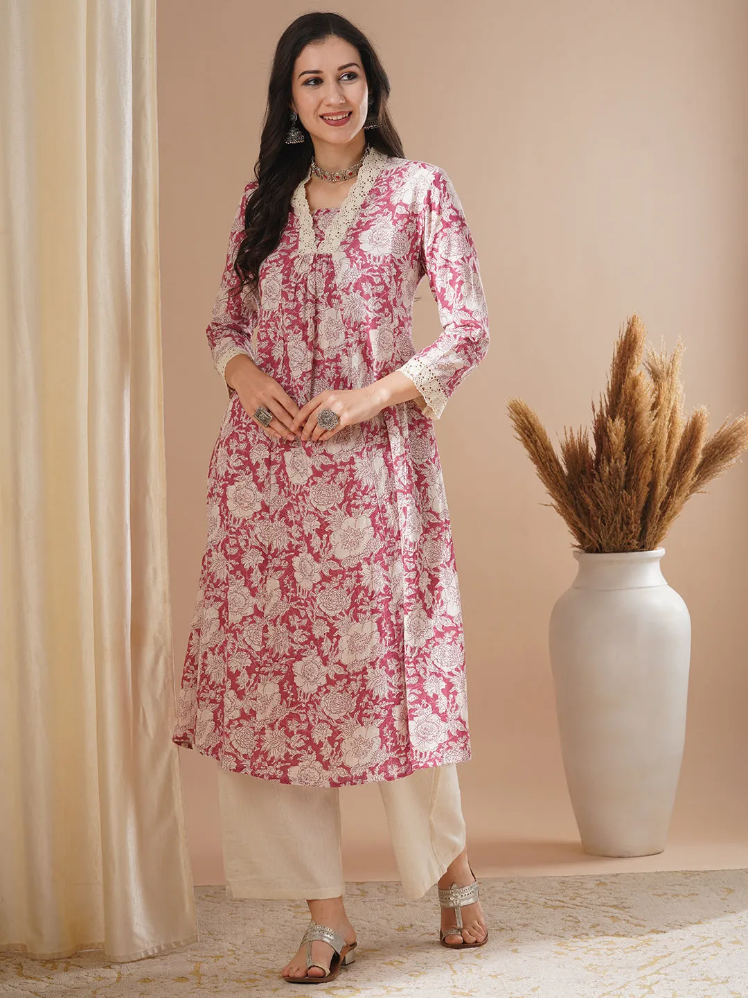 Ethnic Floral Printed A-Line Paneled Kurta with Palazzo - Pink