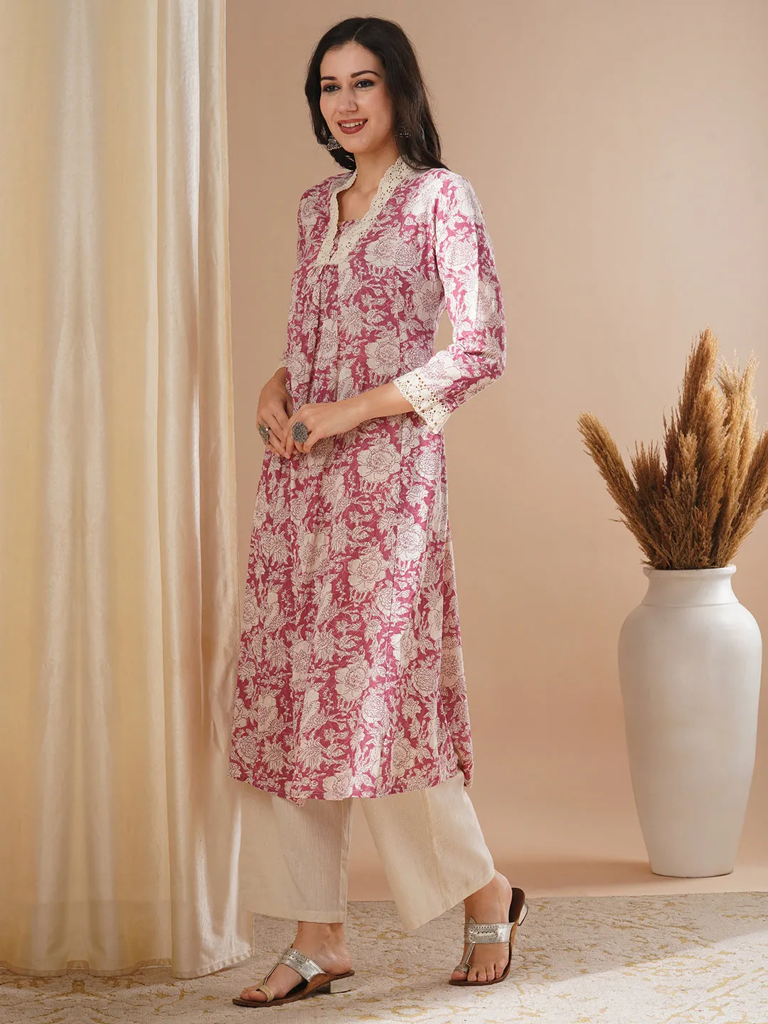 Ethnic Floral Printed A-Line Paneled Kurta with Palazzo - Pink