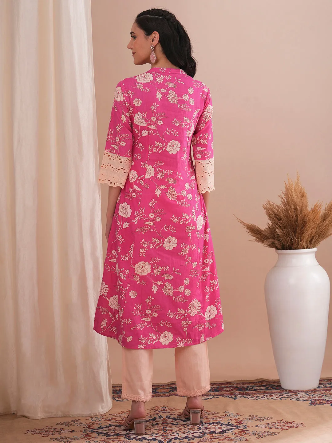 Ethnic Floral Printed A-Line Paneled Kurta with Pant - Pink