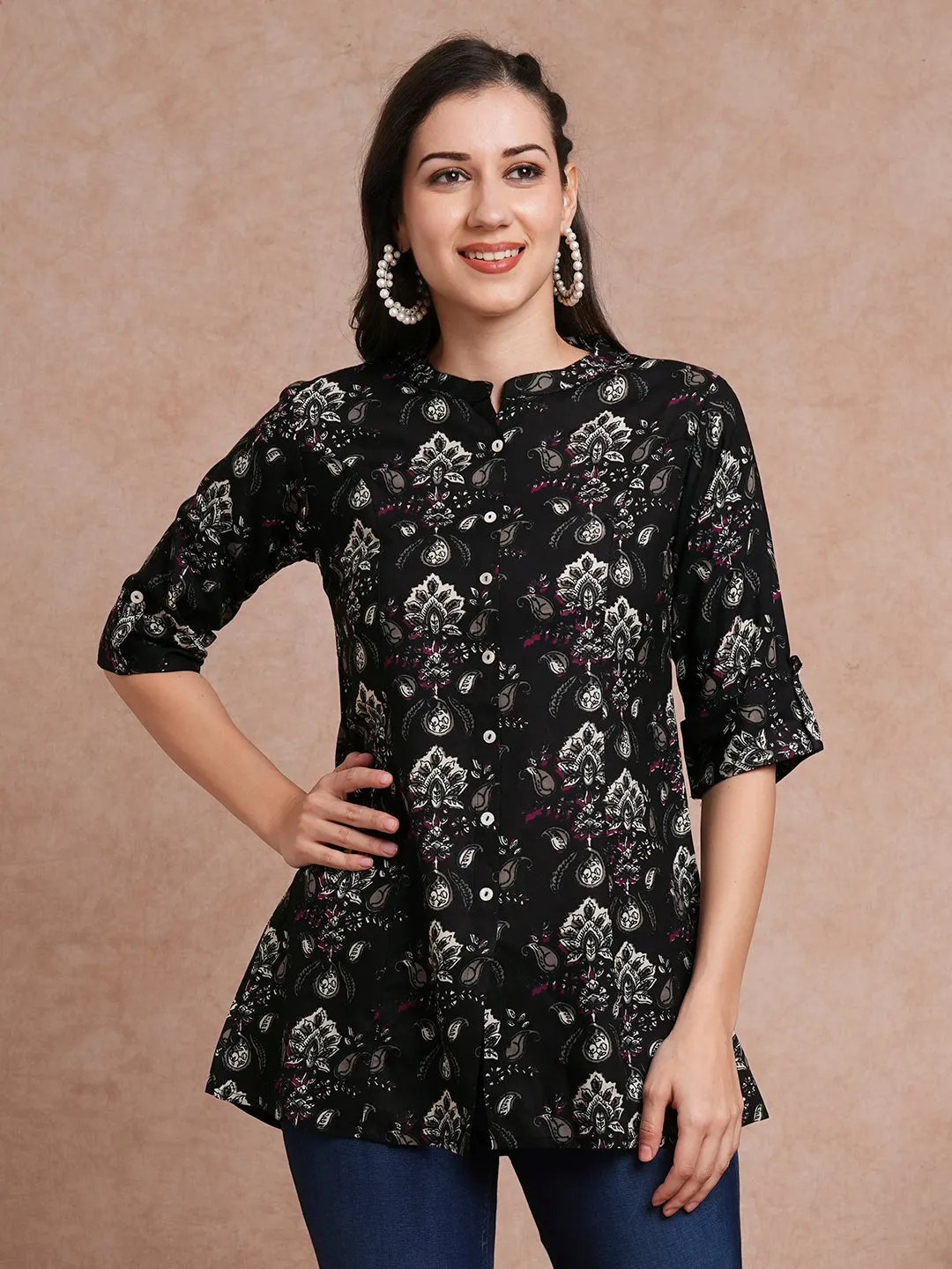 Ethnic Floral Printed A-Line Paneled Kurti - Black