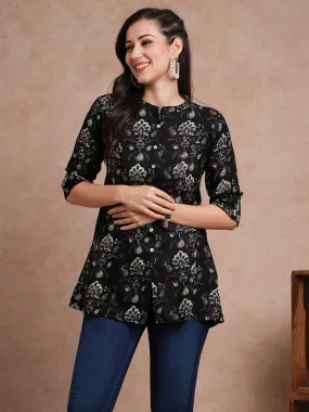 Ethnic Floral Printed A-Line Paneled Kurti - Black