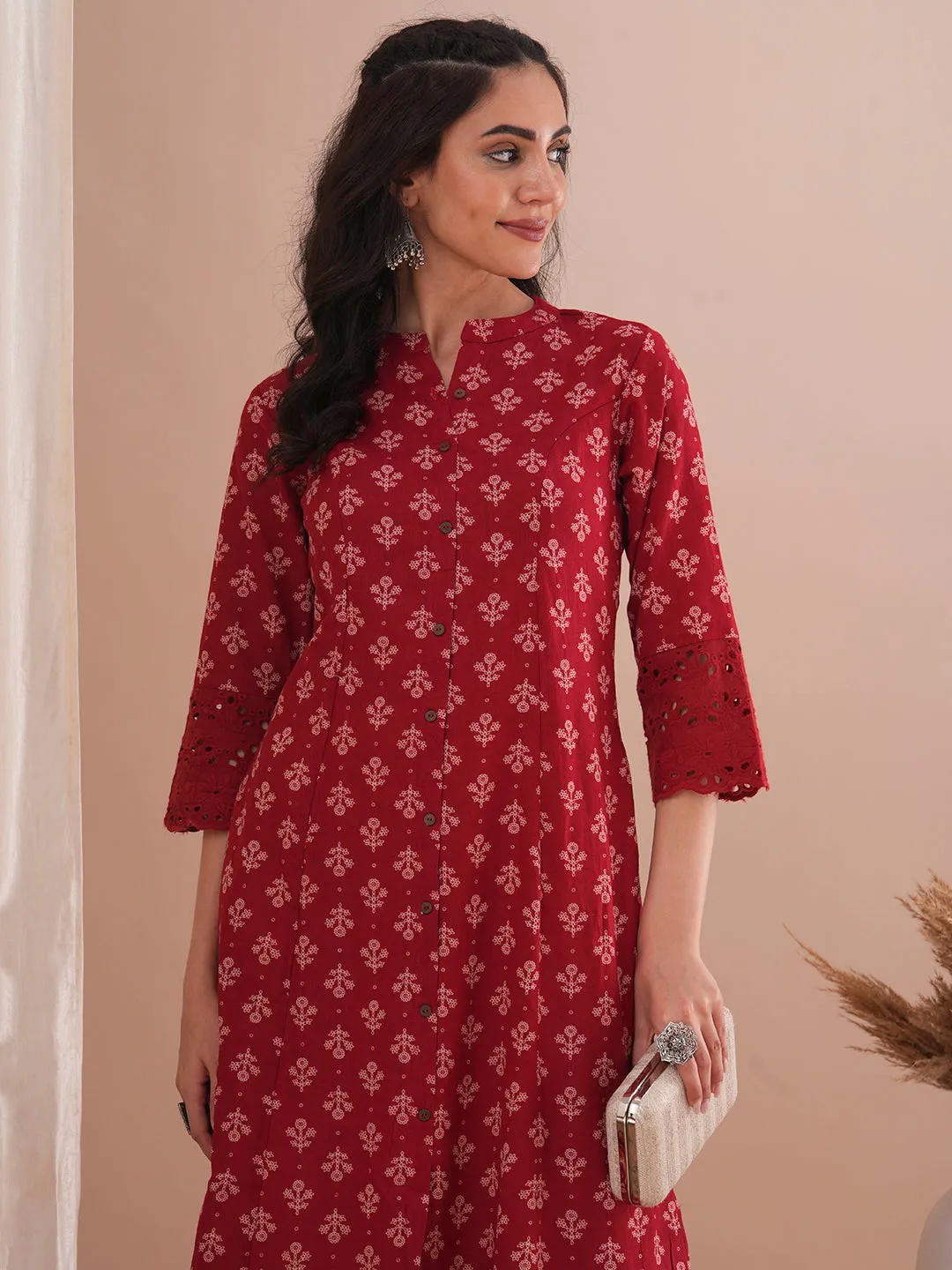 Ethnic Floral Printed A-Line Paneled Schiffli Patched Cotton Flax Kurta - Red