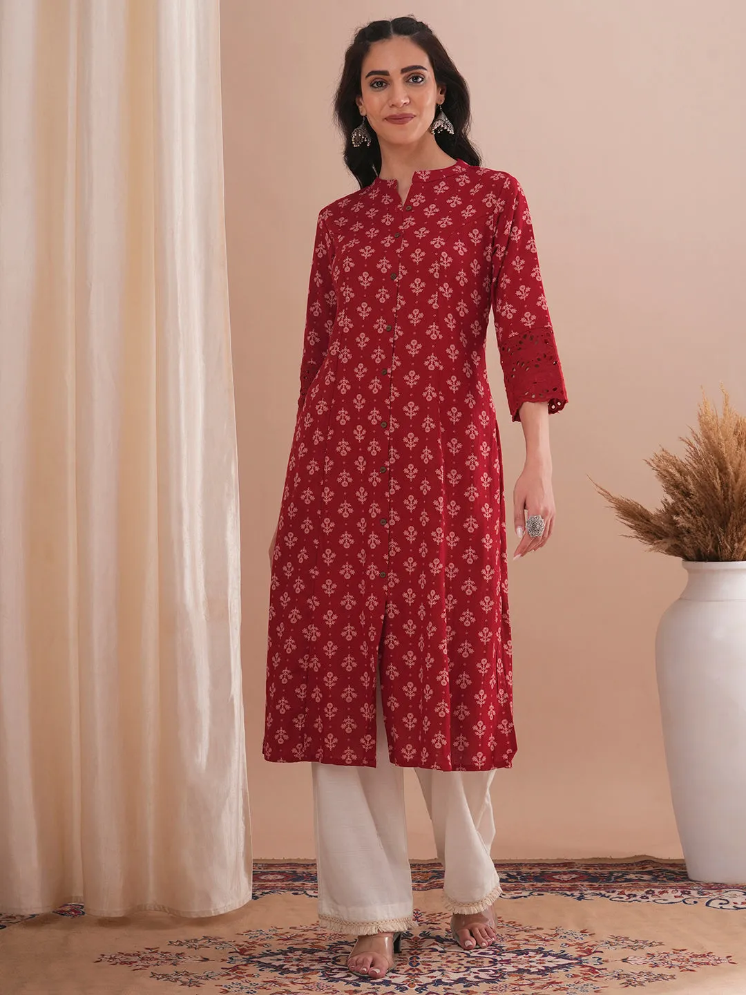 Ethnic Floral Printed A-Line Paneled Schiffli Patched Cotton Flax Kurta - Red