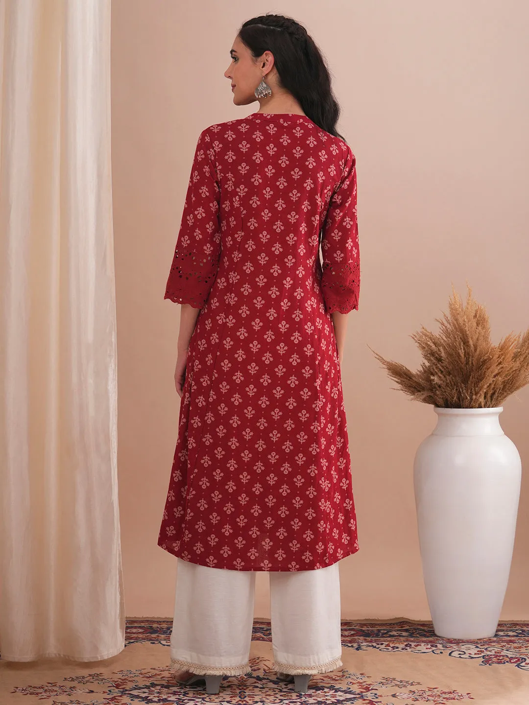 Ethnic Floral Printed A-Line Paneled Schiffli Patched Cotton Flax Kurta - Red