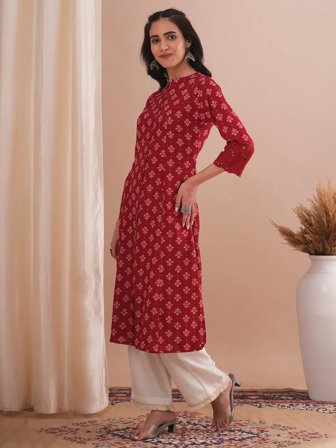 Ethnic Floral Printed A-Line Paneled Schiffli Patched Cotton Flax Kurta - Red