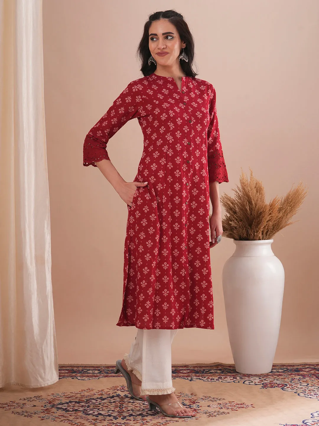 Ethnic Floral Printed A-Line Paneled Schiffli Patched Cotton Flax Kurta - Red