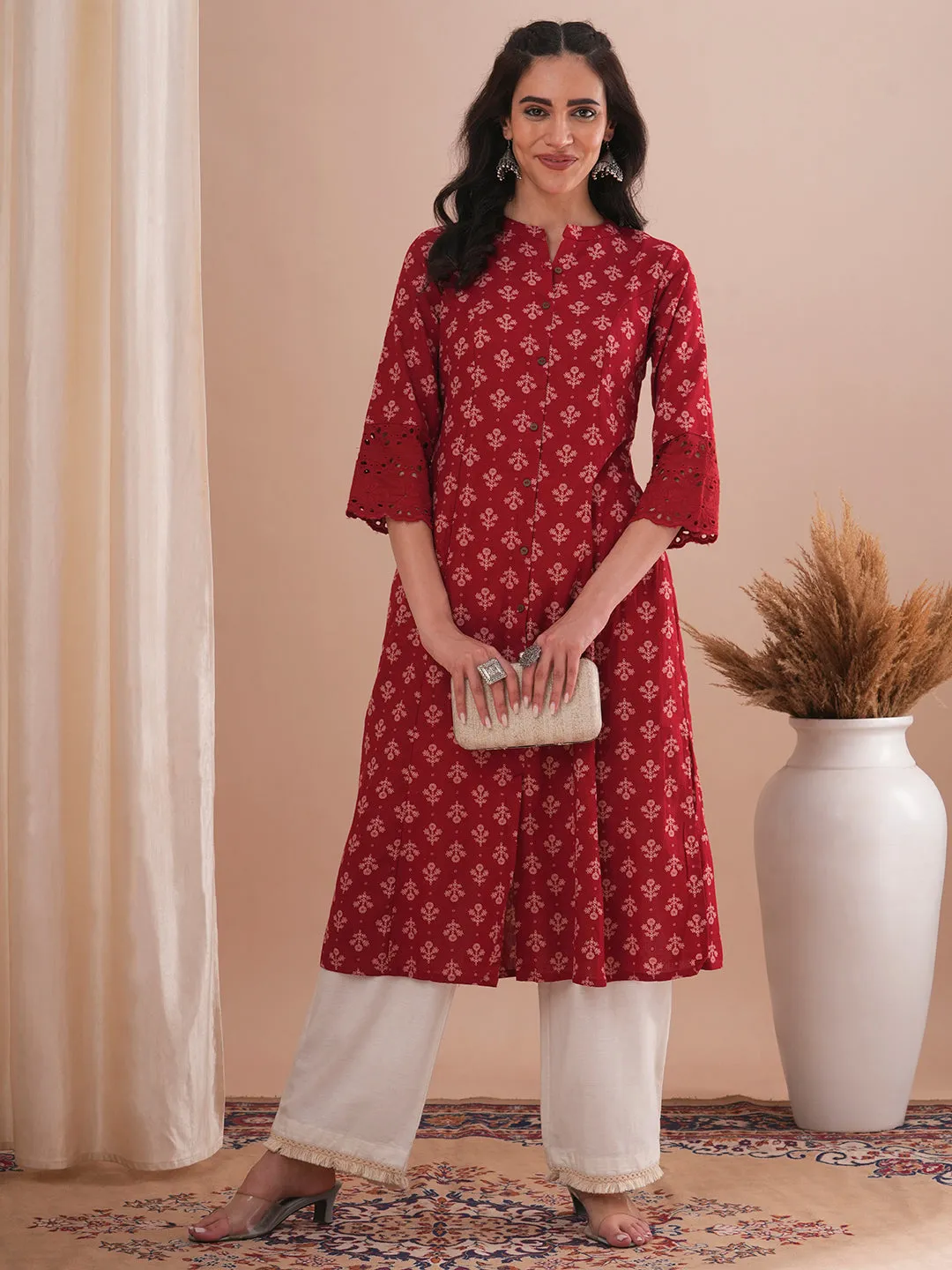 Ethnic Floral Printed A-Line Paneled Schiffli Patched Cotton Flax Kurta - Red