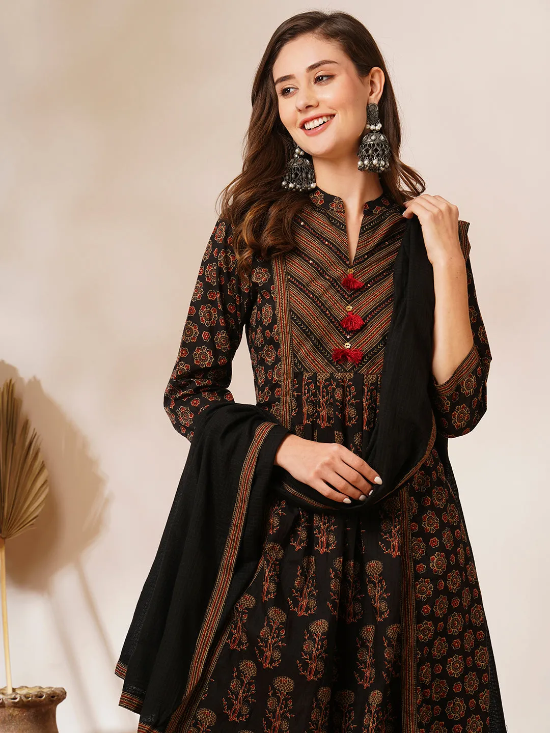 Ethnic Floral Printed A-Line Peated Kurta with Pant & Dupatta - Black