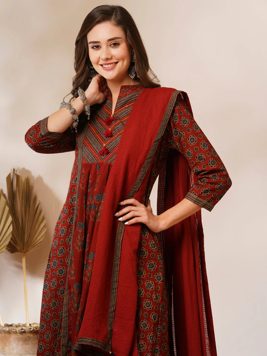 Ethnic Floral Printed A-Line Peated Kurta with Pant & Dupatta - Brown