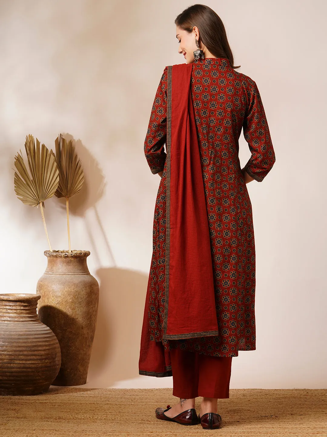 Ethnic Floral Printed A-Line Peated Kurta with Pant & Dupatta - Brown