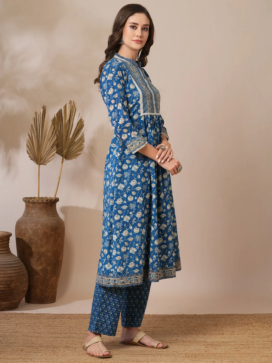 Ethnic Floral Printed A-Line Pleated Kurta with Pant - Blue