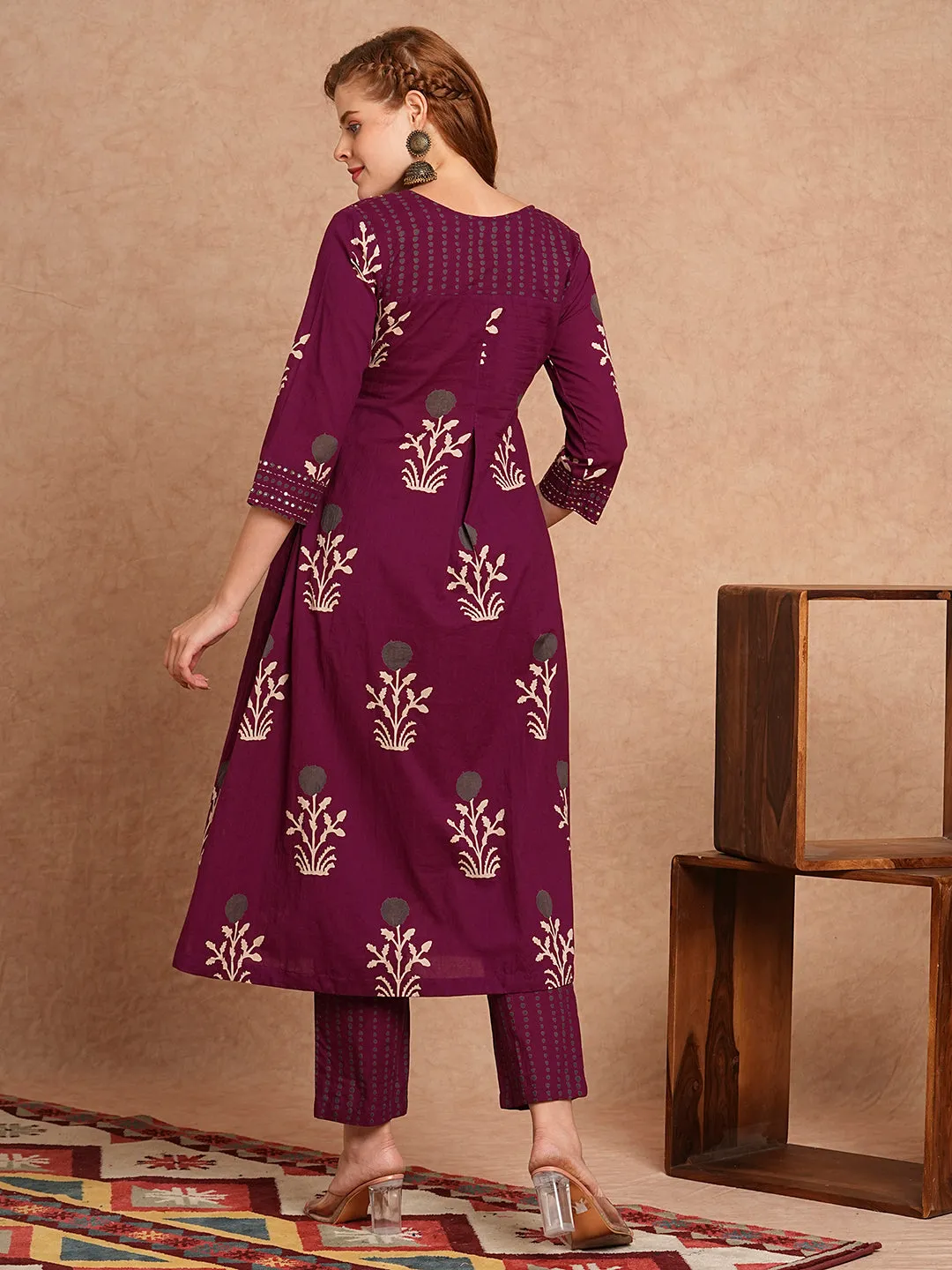 Ethnic Floral Printed & Embroidered A-Line Kurta with Pant - Burgundy