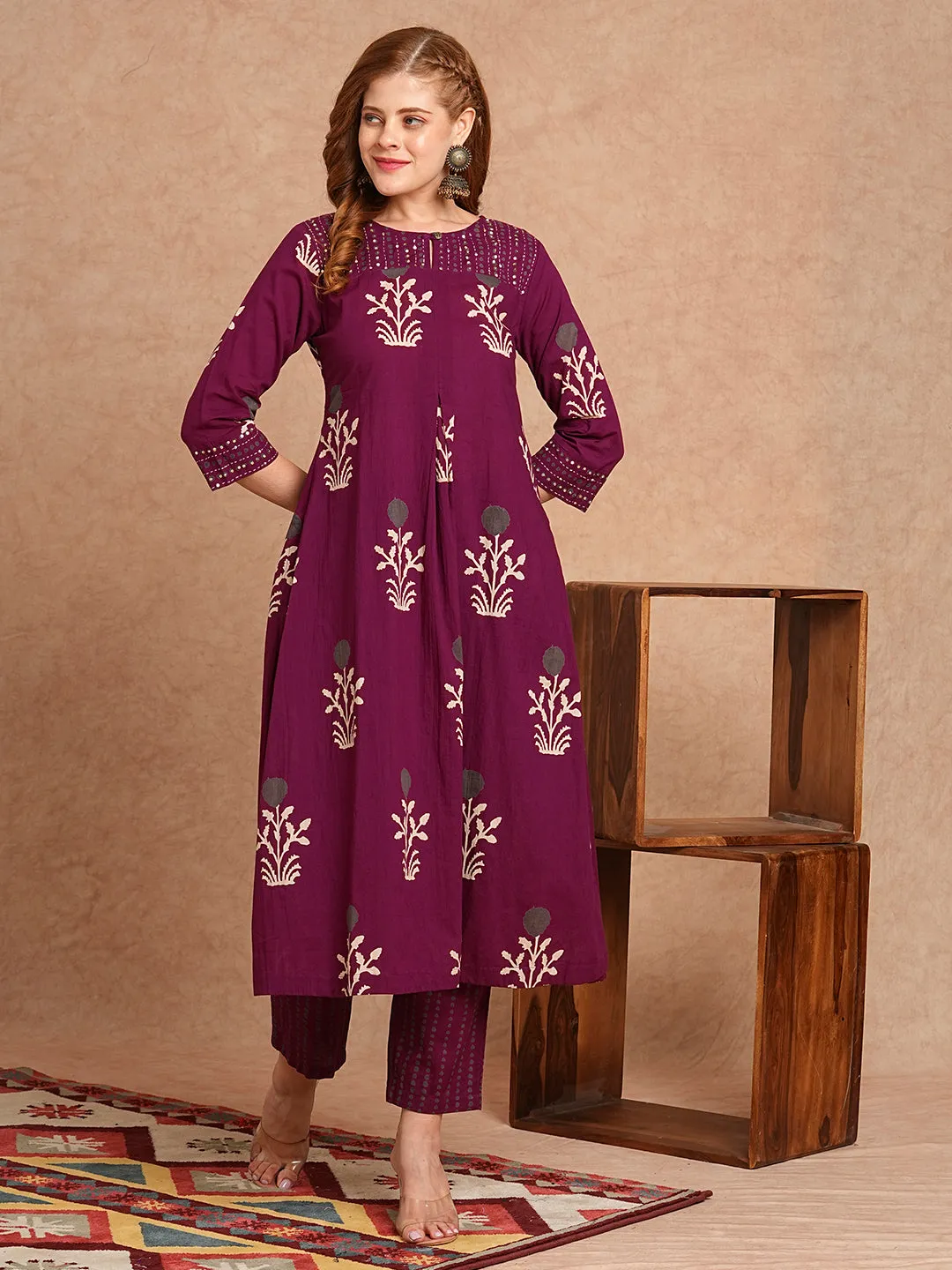 Ethnic Floral Printed & Embroidered A-Line Kurta with Pant - Burgundy