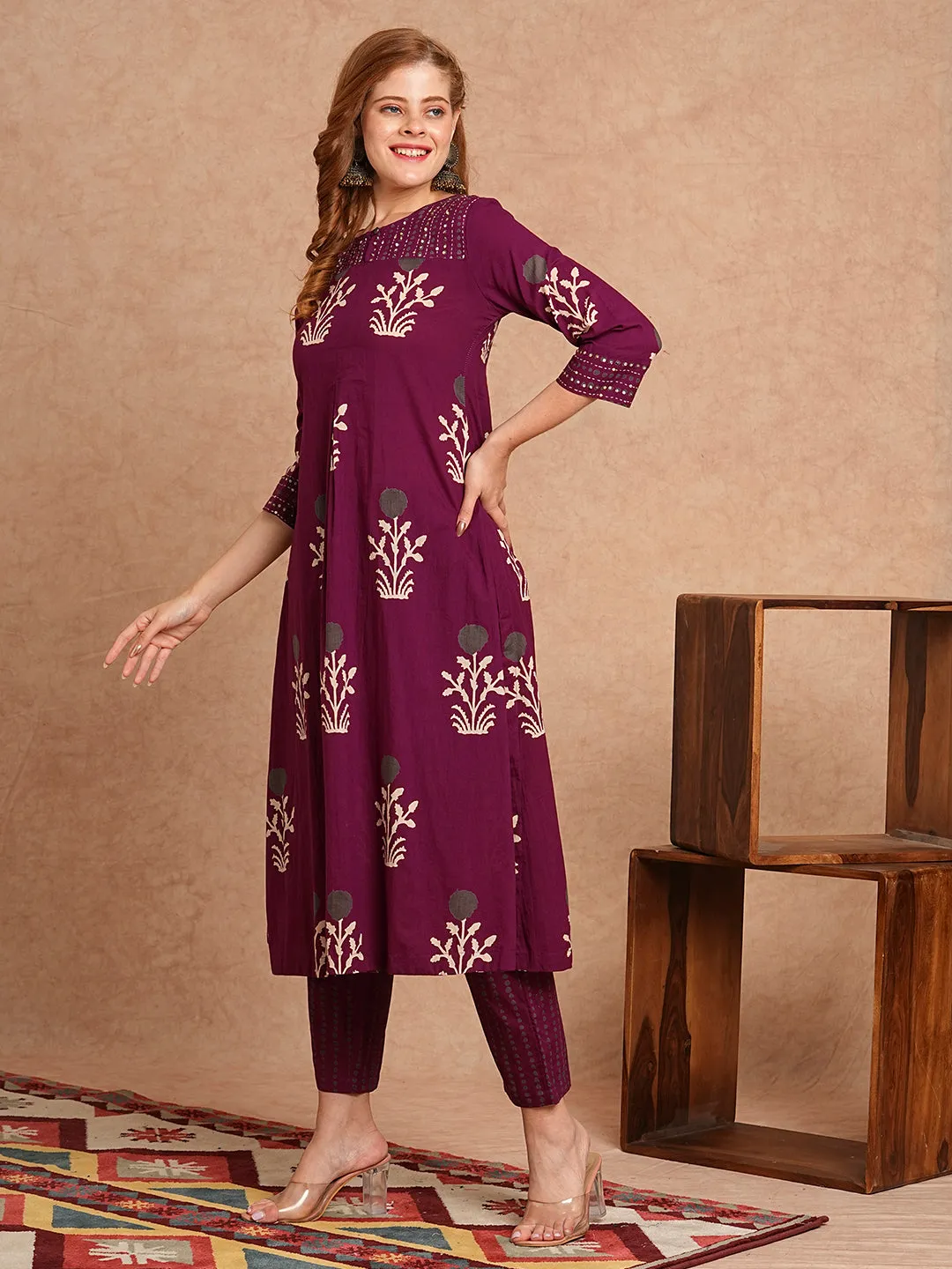 Ethnic Floral Printed & Embroidered A-Line Kurta with Pant - Burgundy