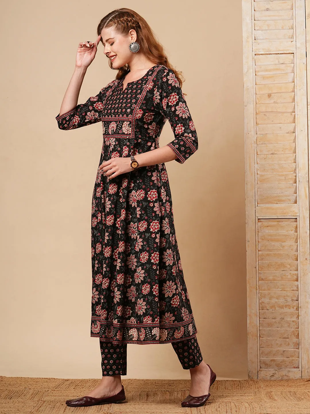 Ethnic Floral Printed & Embroidered Anarkali Kurta with Pant - Black