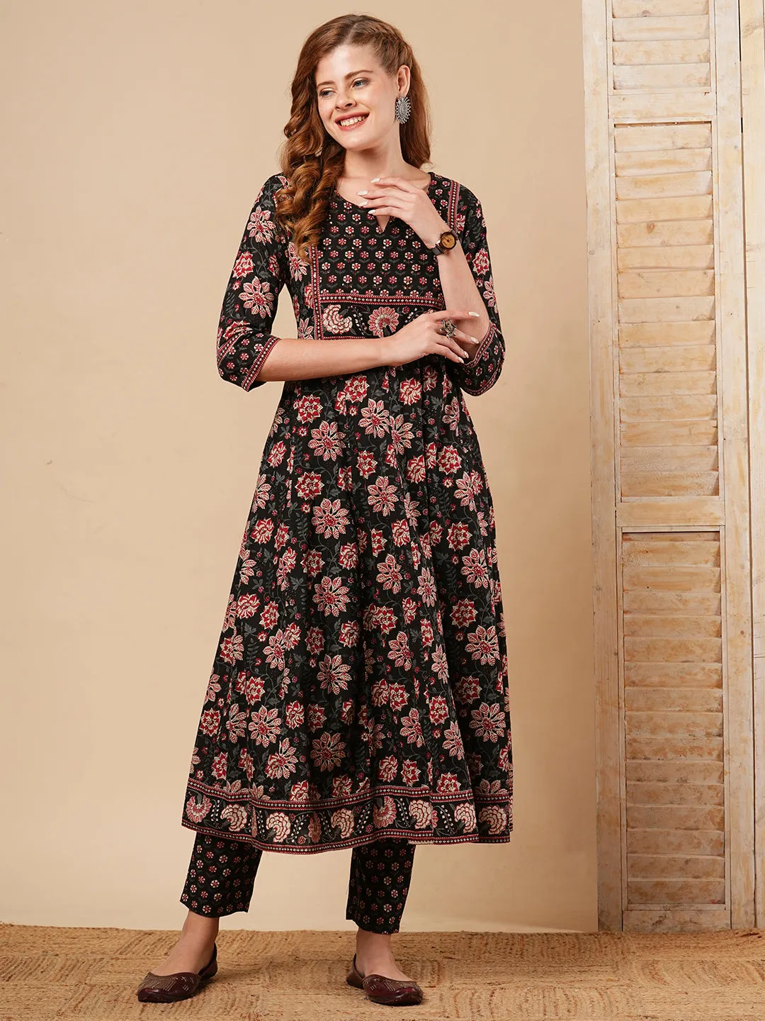 Ethnic Floral Printed & Embroidered Anarkali Kurta with Pant - Black