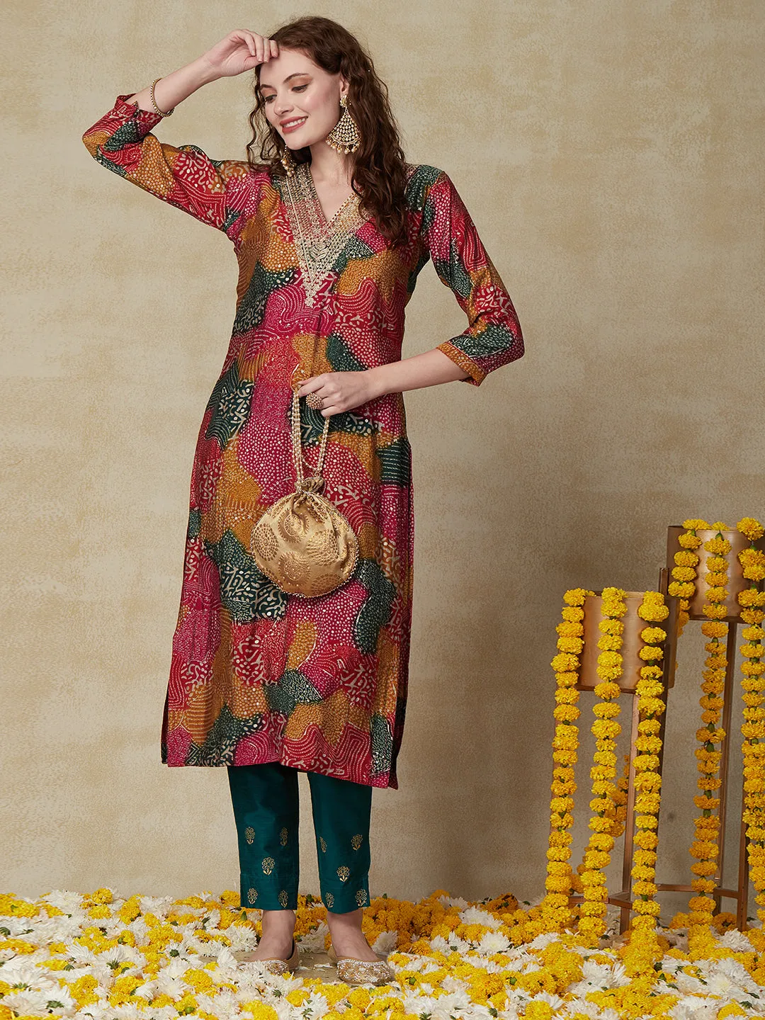 Ethnic Floral Printed & Embroidered Straight Fit Kurta - Multi