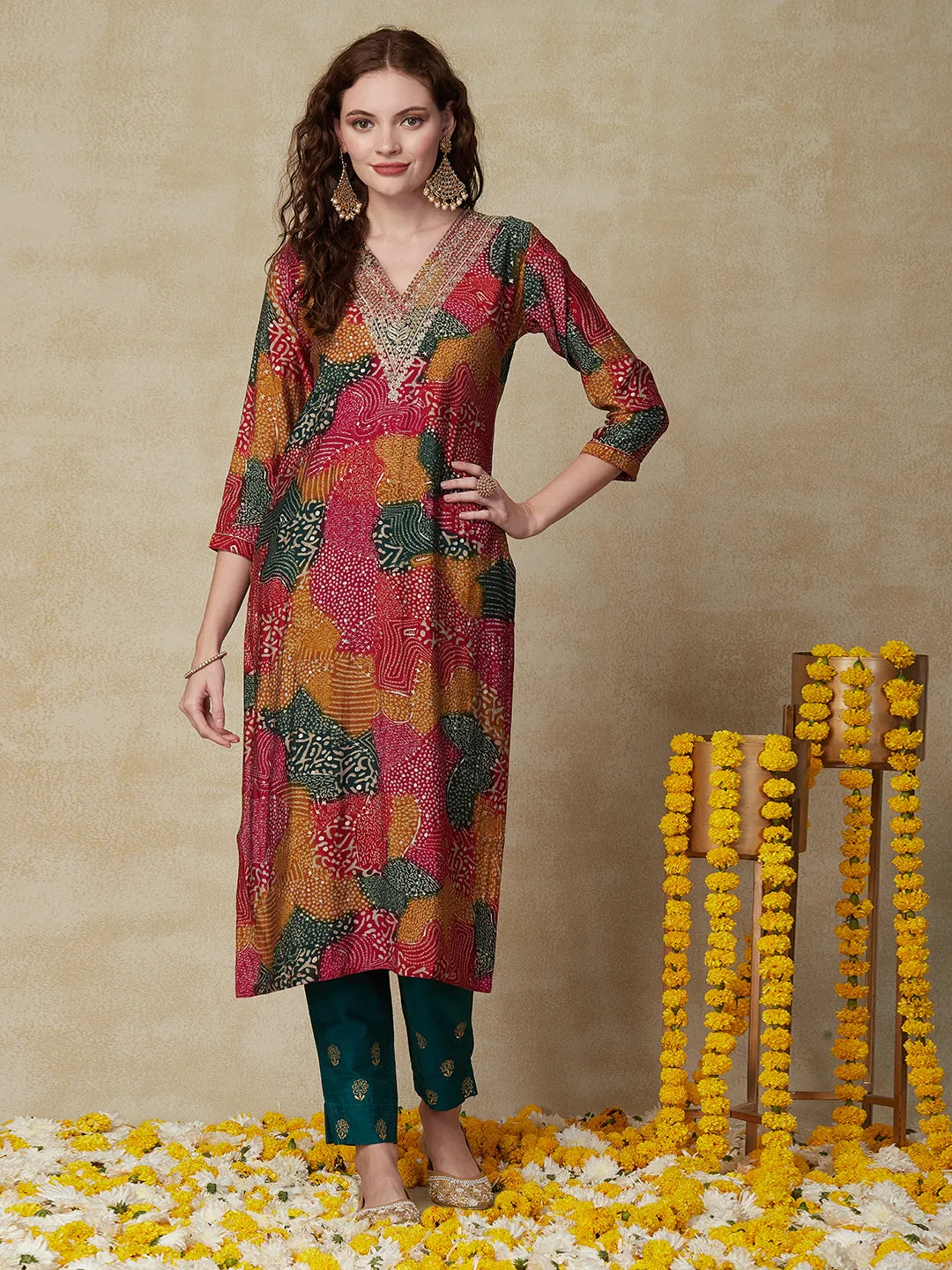 Ethnic Floral Printed & Embroidered Straight Fit Kurta - Multi