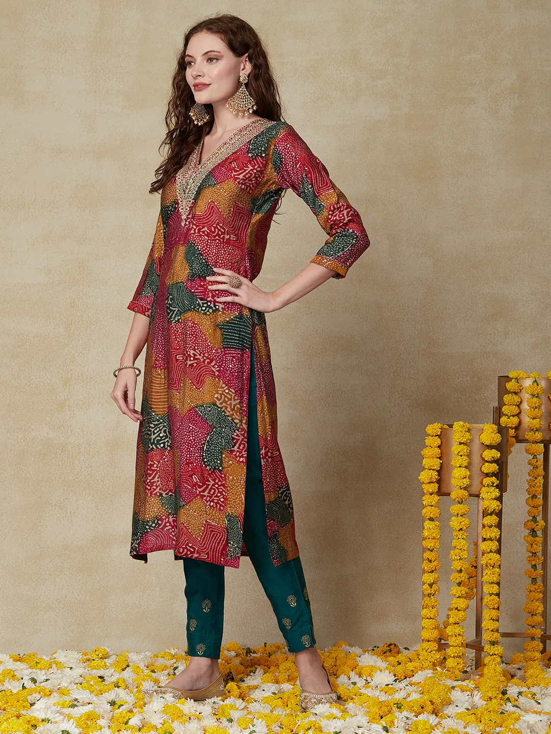 Ethnic Floral Printed & Embroidered Straight Fit Kurta - Multi