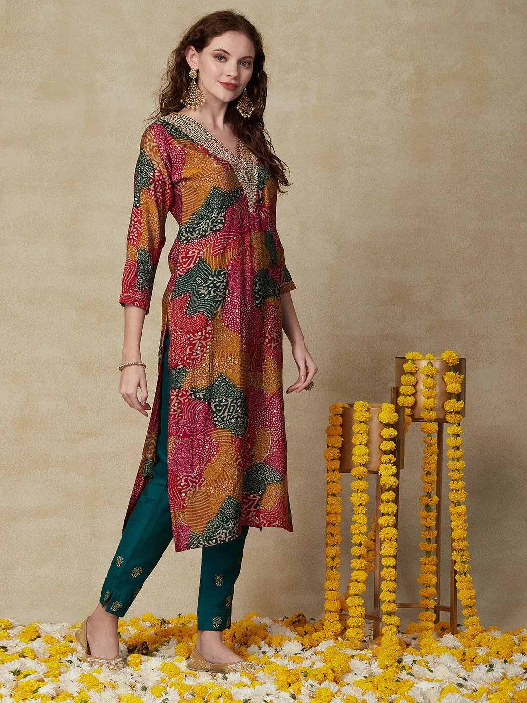 Ethnic Floral Printed & Embroidered Straight Fit Kurta - Multi