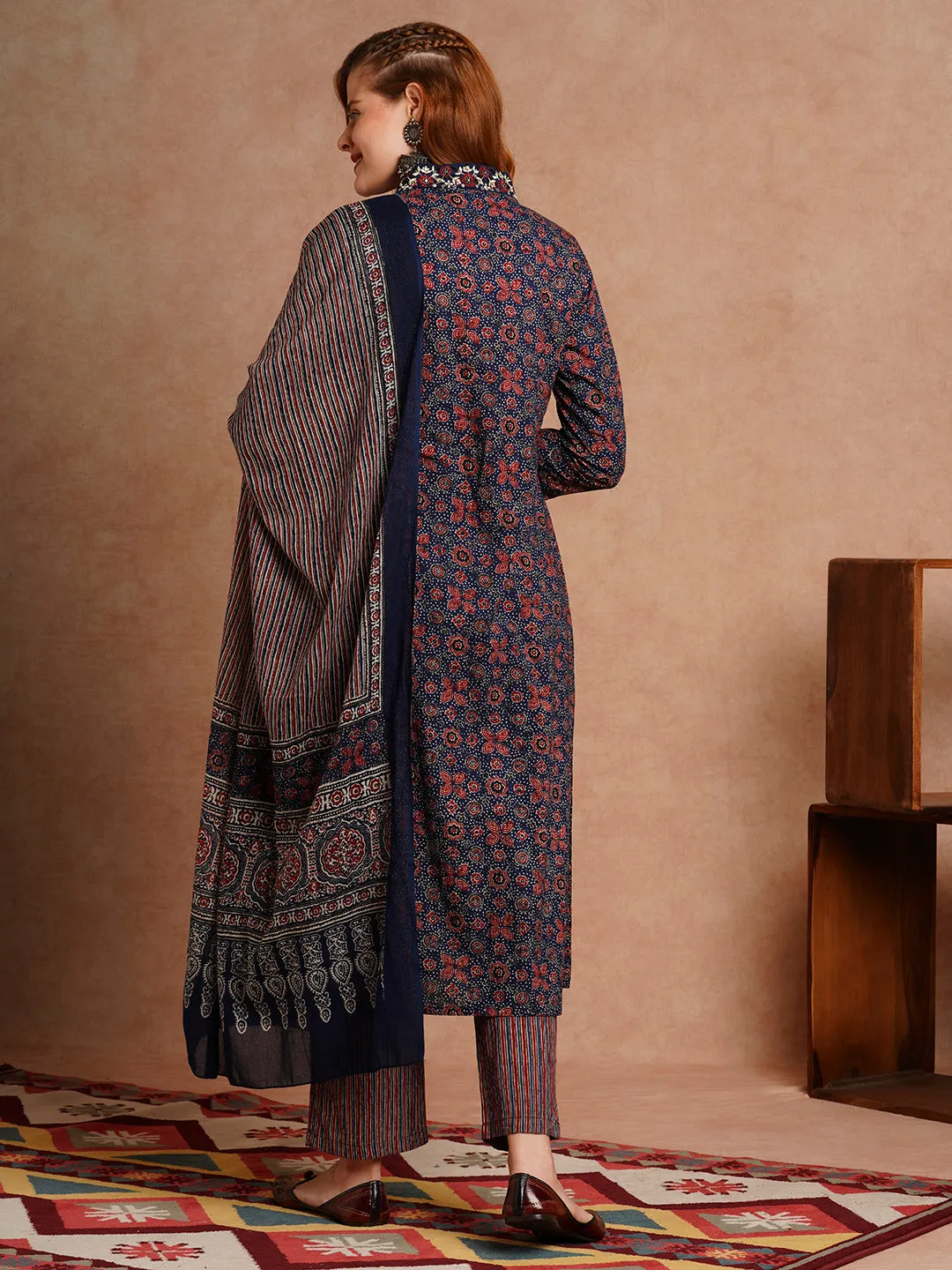 Ethnic Floral Printed & Embroidered Straight Fit Kurta with Pant and Dupatta - Blue